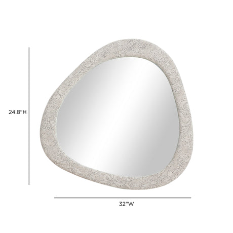 FOAK Klaryss 32x25 neutral floral jacquard wall mirror styled in a modern bedroom interior