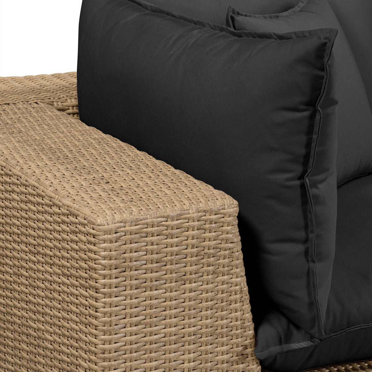 Side profile of Cali outdoor patio loveseat demonstrating backrest slope and depth