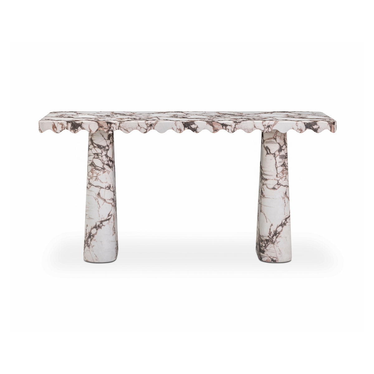 Janice 61-inch faux Breccia marble console desk front view with scalloped apron detail