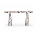 Janice 61-inch faux Breccia marble console desk front view with scalloped apron detail
