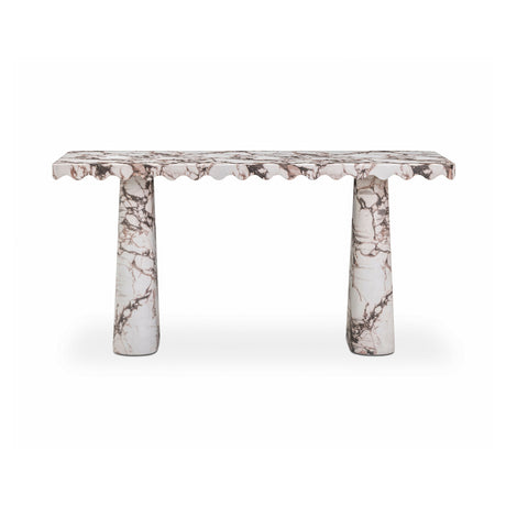 Janice 61-inch faux Breccia marble console desk front view with scalloped apron detail