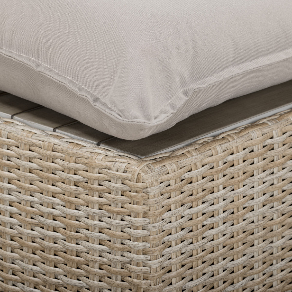 Close-up of weather-resistant grey performance fabric cushion on Cali Ottoman