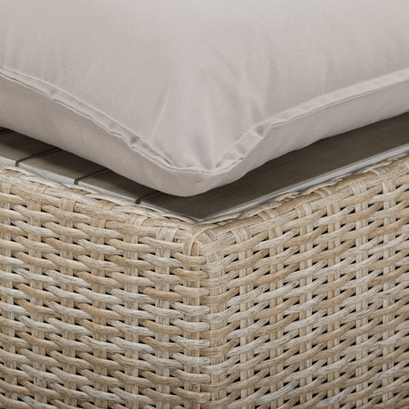 Close-up of weather-resistant grey performance fabric cushion on Cali Ottoman