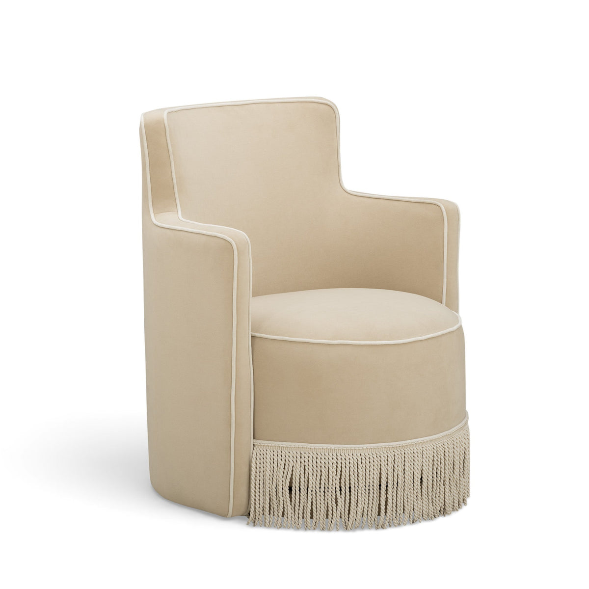 Passe Tasseled Velvet Swivel Accent Chair in Tan side profile showing fringe detail