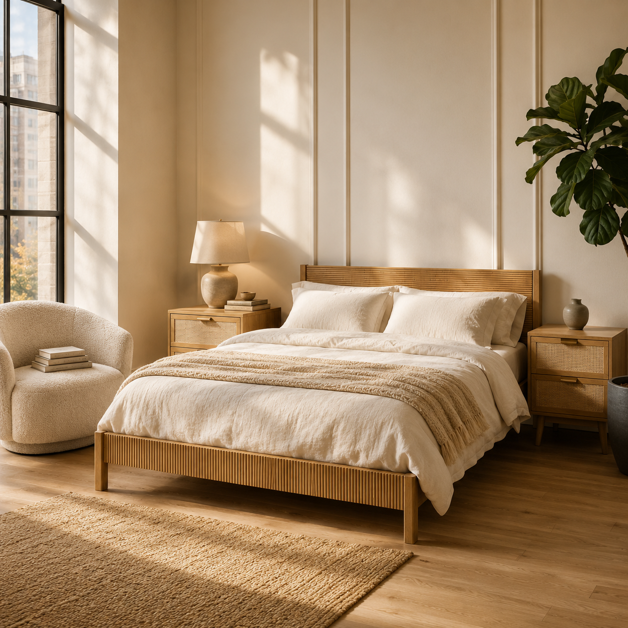A warm, modern bedroom scene featuring a light natural wood platform bed with a slatted footboard, dressed in cream bedding and a textured beige throw. The bed is flanked by matching light wood nightstands with lamps, a cream armchair, and a large green potted plant, all set in a sunlit room with beige walls and wood floors.