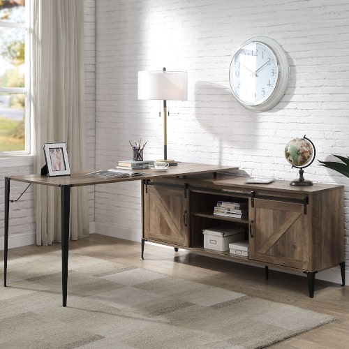 Zakwani L-Shaped Writing Desk - Sliding Barn Door Storage & Black Metal Legs in Rustic Oak or Gray Oak