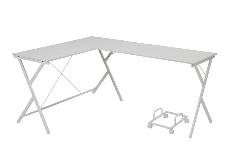 Demas L-Shaped Corner Computer Desk - X-Shape Metal Frame in White, Black or Clear Glass