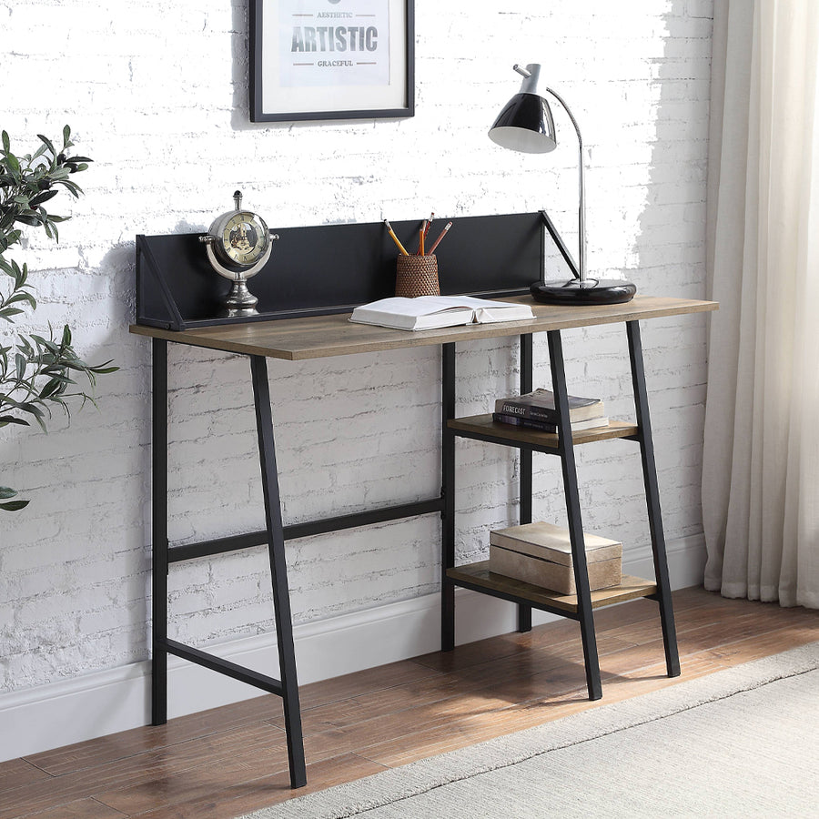 Garima Industrial Writing Desk - 2-Tier Shelf & Phone/Tablet Holder in Rustic Oak & Black