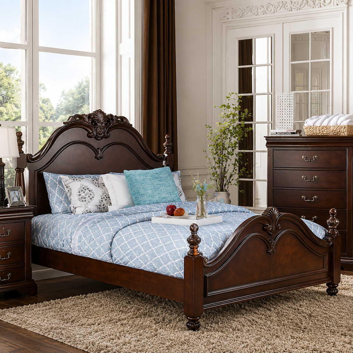 An ornate dark brown wooden bed frame with carved headboard and footboard, styled with blue patterned bedding, white and blue pillows, in a bright bedroom setting.