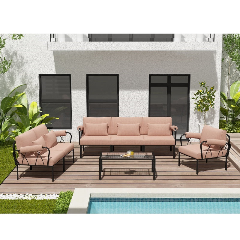 Rajni Modular Patio Seating - Weather-Resistant Pink Cushions on Black Metal Legs