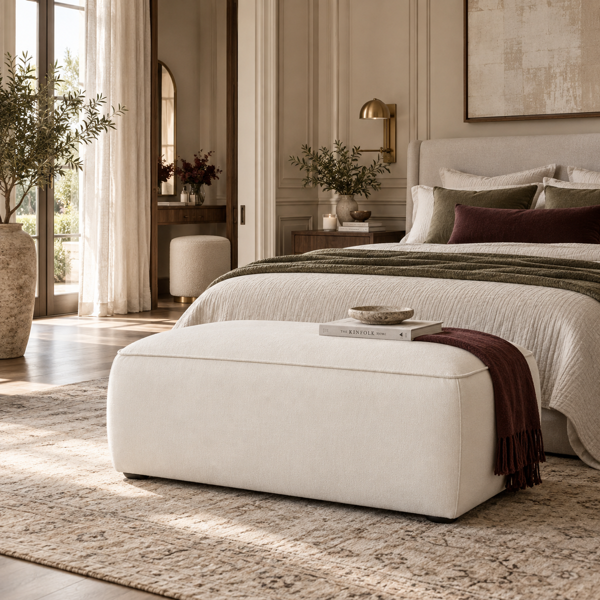 Travie Sand Upcycled Performance Linen Ottoman
