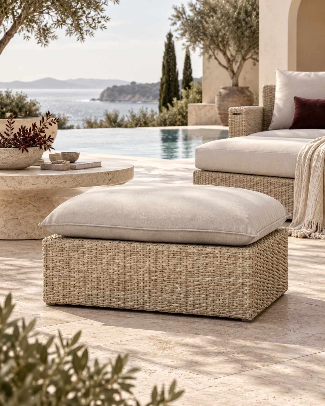 Cali Performance Fabric & Wicker Outdoor Ottoman - Modern Coastal & Weather-Resistant Seating