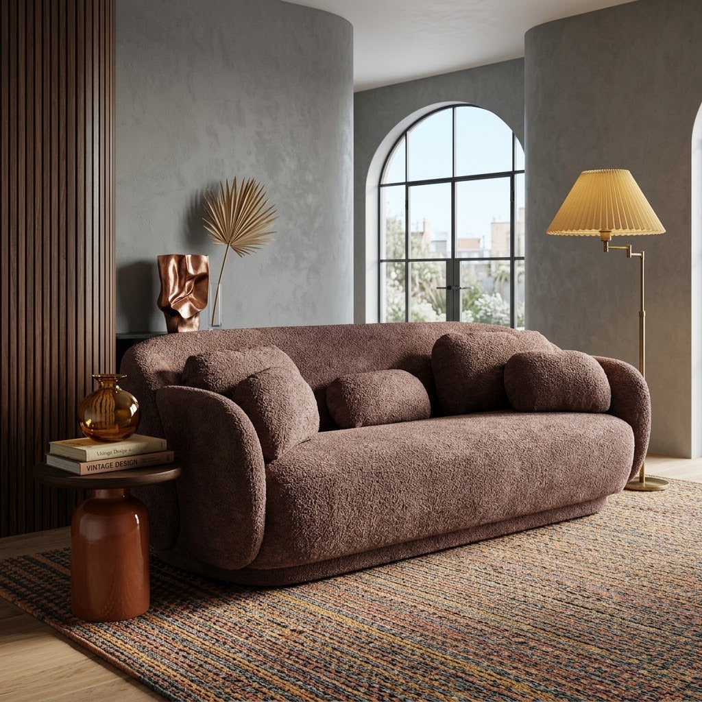 Misty 90" Performance Boucle Curved Sofa with Bolster Pillows - Contemporary Living Room Seating