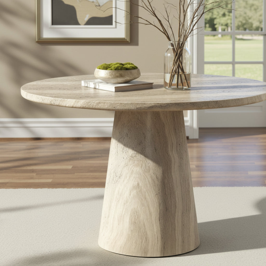 Round Dining Table in Concrete & Travertine Finish