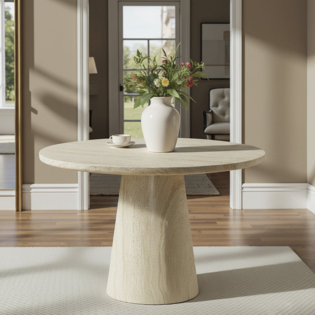 Round Dining Table in Concrete & Travertine Finish