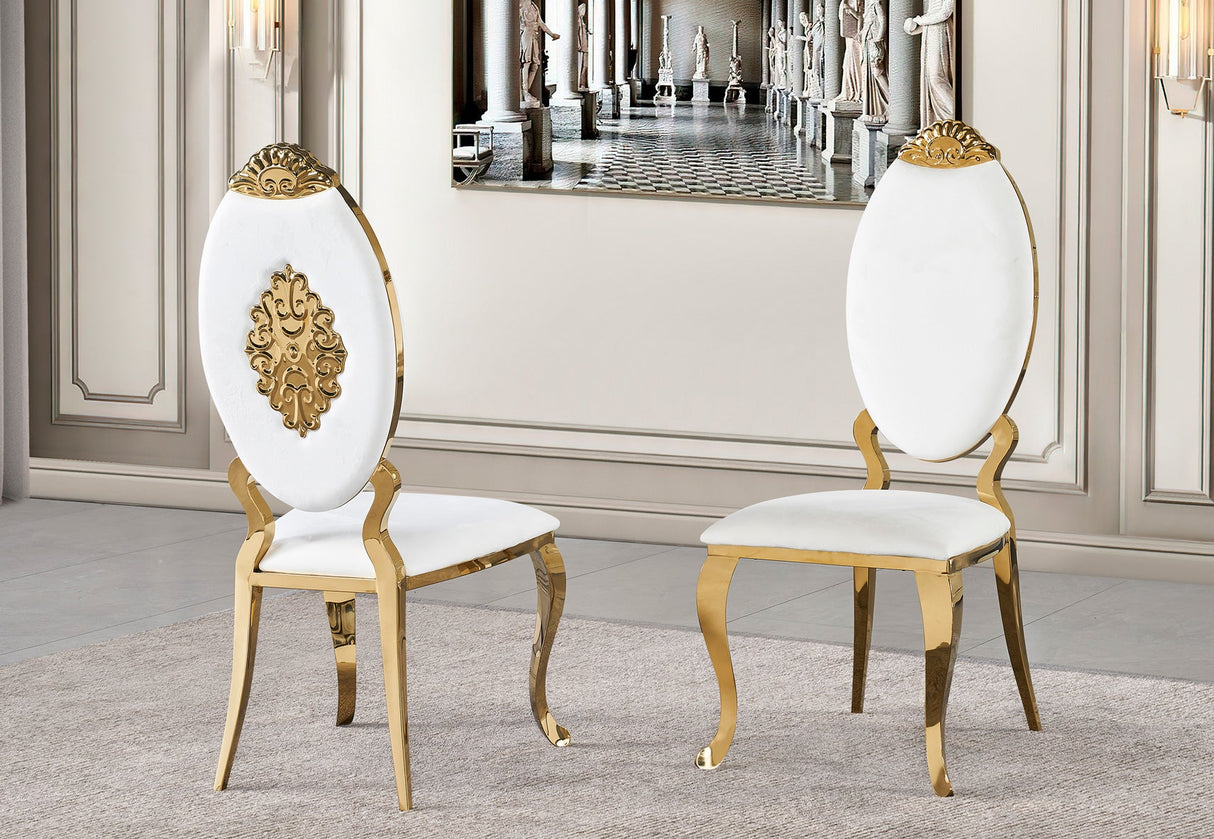 Detailed view of the intricate gold carvings and velvet upholstery on the Yara traditional dining chair.