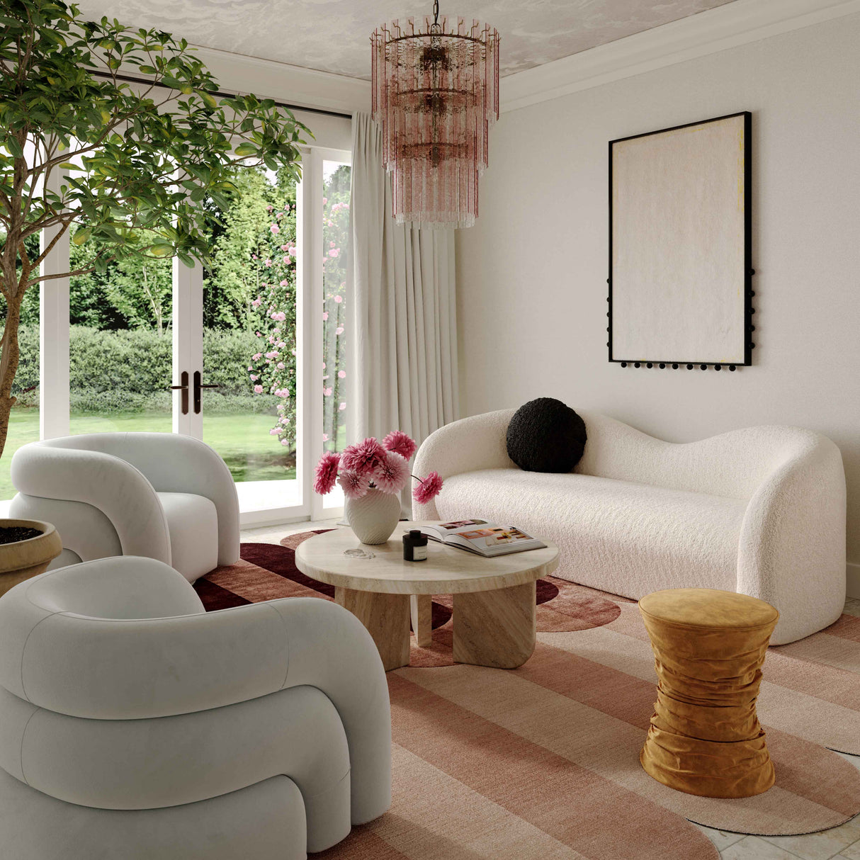 Modern living room with white furniture, a tree, and decorative elements.